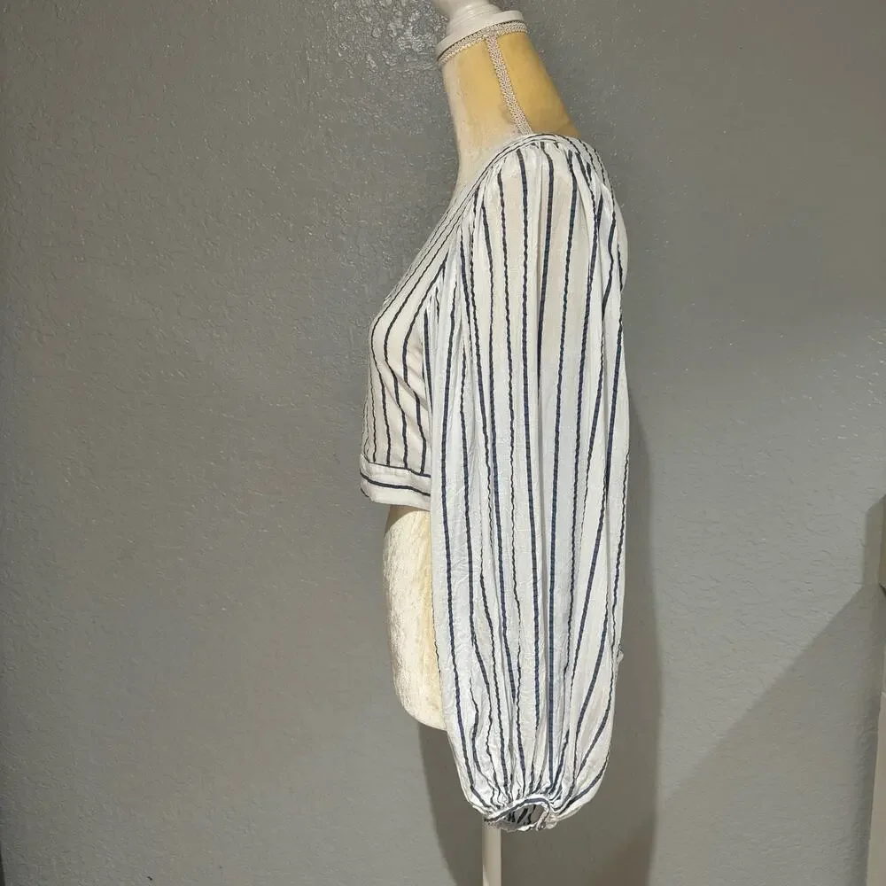 Zara White Striped Seersucker Balloon Sleeve Crop Top Size S White/Blue